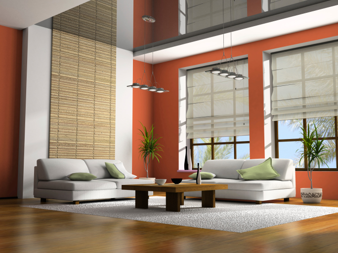 Home interior with table and sofas 3D rendering